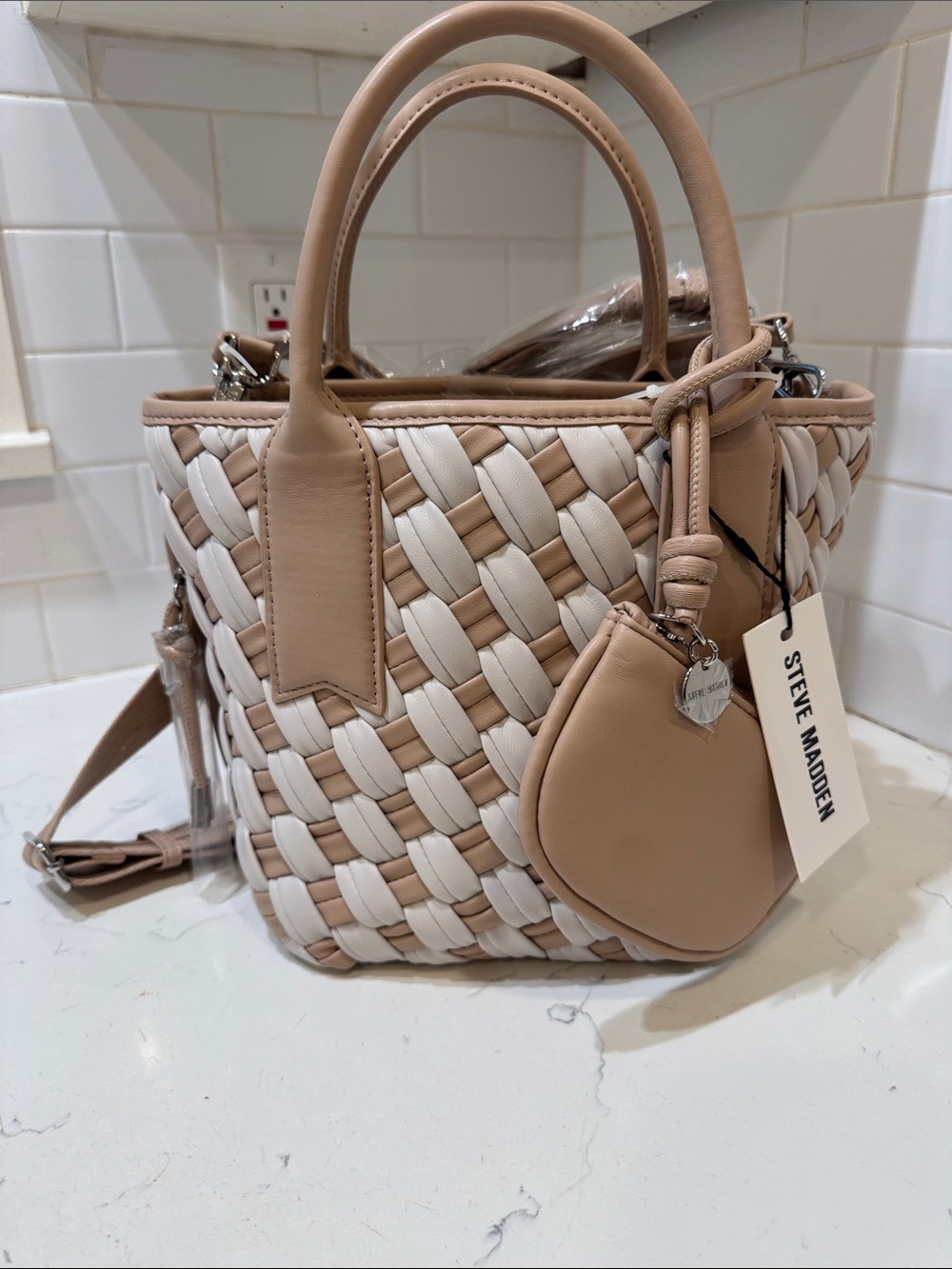 Steve Madden Two-Tone Woven Tote in Beige and White